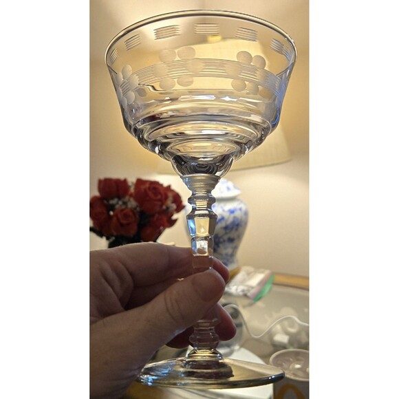 Vintage Libbey Rock Sharpe Flower & Lines Cut Champagne Goblet Set Of 4 - Picture 4 of 7